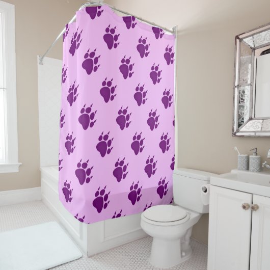 Rideaux De Douche Motif Empreinte de patte violet (En situation)