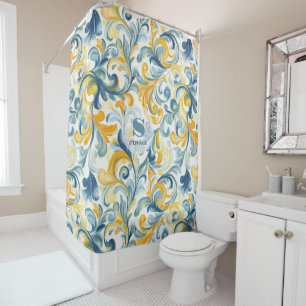 Rideaux De Douche Motif feuille bleu et or Paisley