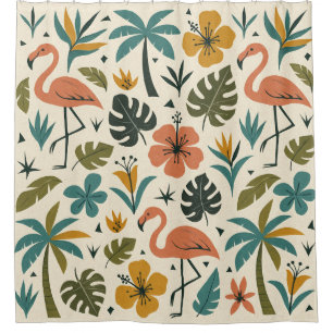 Rideaux De Douche Motif Flamant Tropical et Palmier