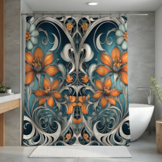 Rideaux De Douche Motif floral Art Nouveau sarcelle orange
