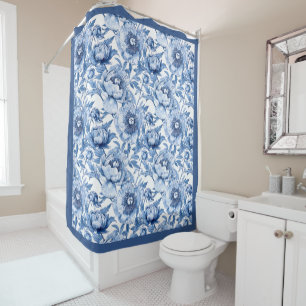 Rideaux De Douche Motif floral de fleurs bleues et blanches botaniqu