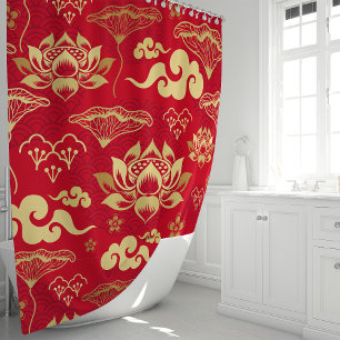 Rideaux De Douche Motif floral de lotus rouge et or de style orienta