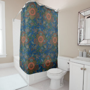 Rideaux De Douche Motif floral japonais vintage bleu royal