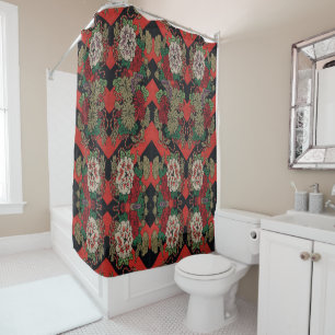 Rideaux De Douche Motif floral japonais vintage pivoine rouge noir