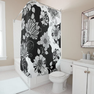 Rideaux De Douche Motif floral monochrome chic de luxe (4)