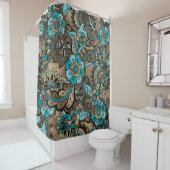 Rideaux De Douche Motif Floral Paisley - turquoise et doré (En situation)