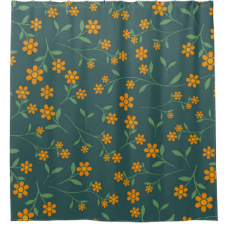 Rideaux De Douche Motif floral rétro orange sur fond sarcelle foncé