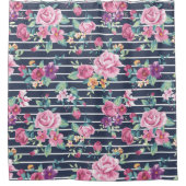 Rideaux De Douche Motif floral sur le feuillage Rose rayé rose pourp (Devant)