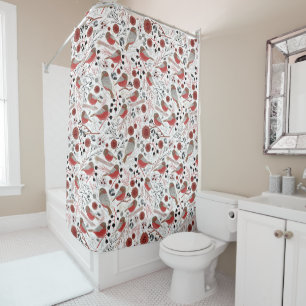 Rideaux De Douche Motif gris rouge de Chickadees avec floral