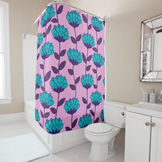 Rideaux De Douche Motif moderne de fleurs bleu rose (En situation)