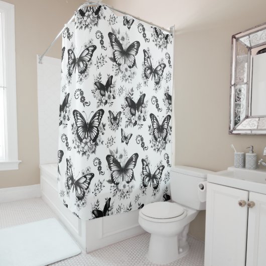 Rideaux De Douche Motif noir blanc papillon (En situation)