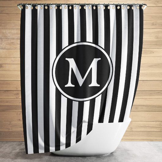 Rideaux De Douche Motif noir et blanc rayé monogrammé