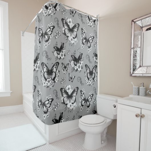 Rideaux De Douche Motif Papillon Gris (En situation)