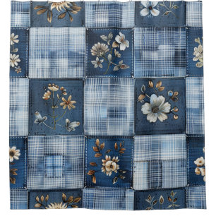 Rideaux De Douche Motif patchwork floral Denim bohème