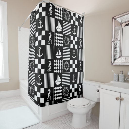 Rideaux De Douche Motif patchwork nautique noir et blanc (En situation)
