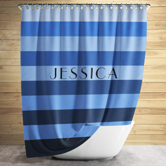 Rideaux De Douche Motif rayé monochrome bleu nom personnalisé