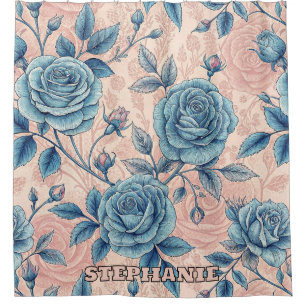 Rideaux De Douche Motif Rose bleu rétro sur Arrière - plan rose doux