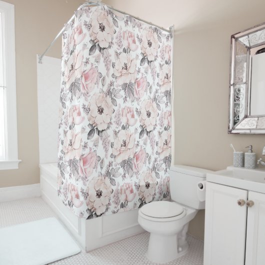 Rideaux De Douche Motif rose et gris classique (En situation)