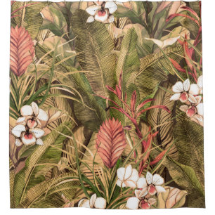 Rideaux De Douche Motif sans couture avec feuilles tropicaux et fleu