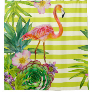 Rideaux De Douche  motif sans couture avec flamant rose et tr exotiq