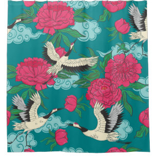 Rideaux De Douche Motif sans couture avec grues et pivoines. Vintage