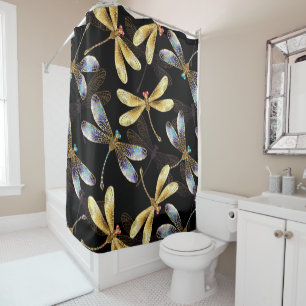 Rideaux De Douche Motif sans couture avec libellules d'or