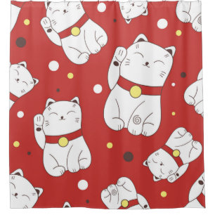 Rideaux De Douche Motif sans couture avec Maneki-Neko chat dessiné