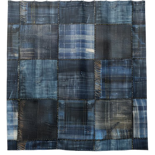 Rideaux De Douche Motif sans couture en patchwork de denim indigo (Devant)