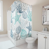 Rideaux De Douche Motif Seashell Starfish Bleu Et Turquoise (En situation)