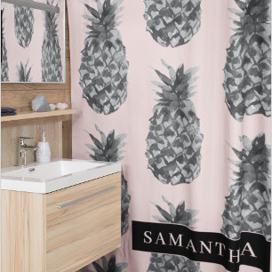 Rideaux De Douche Motif Tropical Grey & Rose Ananas Avec Nom