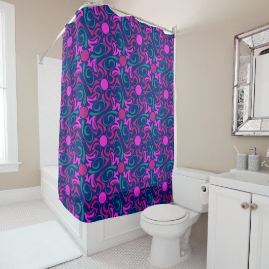 Rideaux De Douche Motif vectoriel bleu et rose Fuchsia (En situation)