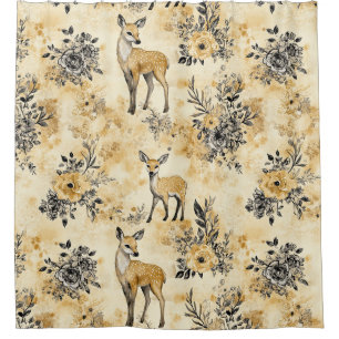 Rideaux De Douche Motif vintage de faon et floral de la forêt (7)