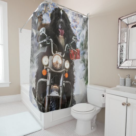 Rideaux De Douche Moto à chiens de Terre-Neuve Noël (En situation)