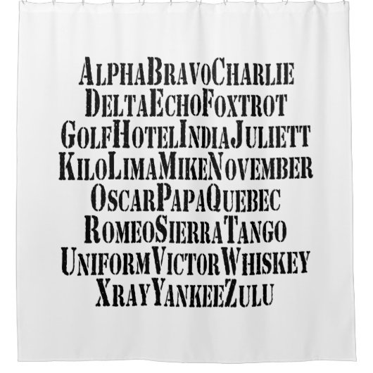 RIDEAUX DE DOUCHE MOTS ALPHABET PHONÉTIQUE / CODE (Devant)