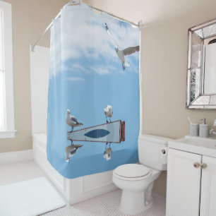 Rideaux De Douche Mouettes assis en vol Oiseaux Ciel bleu