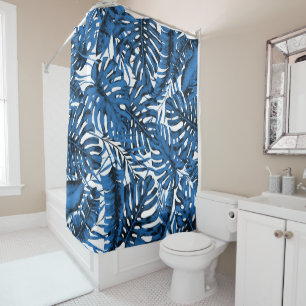 Rideaux De Douche Moyen Denim Blue Tropical Palm Feuilles Island Chi