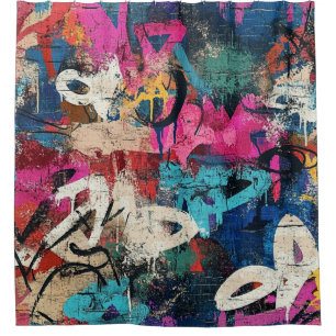 Rideaux De Douche Mur de ville granuleux graffiti rose bleu noir