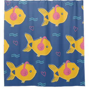 Rideaux De Douche Music Fishes : Motif Vintage de dessin animé.