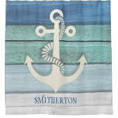 Rideaux De Douche Nautical Aqua Bleu Blanc Distressed Wood Ancre (Devant)