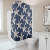 Rideaux De Douche Nautical Beach Starfish Navy Blue Shotain (En situation)
