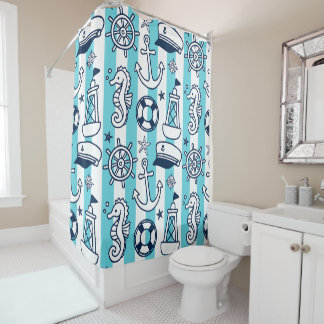 Rideaux De Douche Nautical Doodles – Rayure Côtière Turquoise et Nui