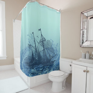 Rideaux De Douche Nautique - bateau bleu