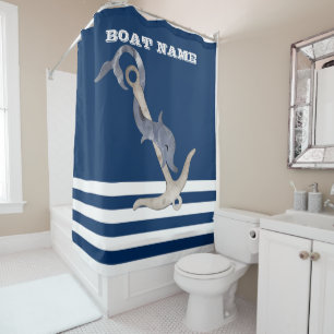 Rideaux De Douche Nautique, Dauphin d'ancre rayé bleu marine