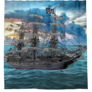 RIDEAUX DE DOUCHE NAVIRE DE PIRATE ANCHOUÉ AU COUCHER DU SOLEIL