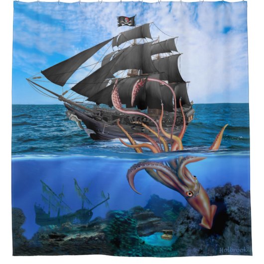 Rideaux De Douche Navire pirate contre le calmar géant (Devant)