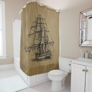 Rideaux De Douche Navire vintage sur faux burlef faux rustique
