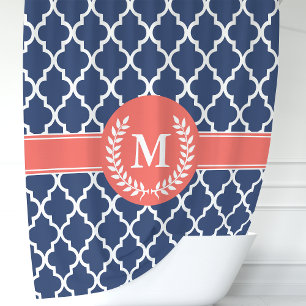 Rideaux De Douche Navy bleu personnalisé et Quatrefoil corail