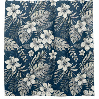 Rideaux De Douche Navy Blue Hibiscus Monstera Tropical Botanical
