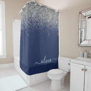 Rideaux De Douche Navy Blue Paillettes Monogramme Féminin Nom