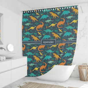 Rideaux De Douche Navy Cute Colorful Dinosaur Pattern Kids Name